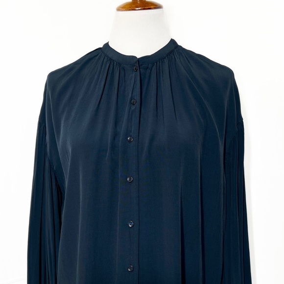Something Navy Draped Pleated Long Sleeve Navy Blue Buttondown Blouse Top Small - Picture 10 of 12